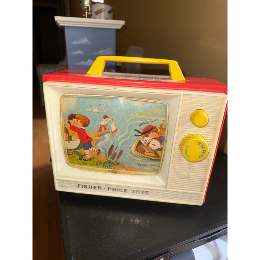 Vintage Fisher Price Two Tune Giant Screen Music Box TV London Bridge Row Boat